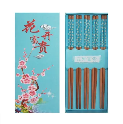 Produktbild von 482 Essstäbchen Geschenkset 5 Paar aus Bambus Holz mit blau verziertem Griff