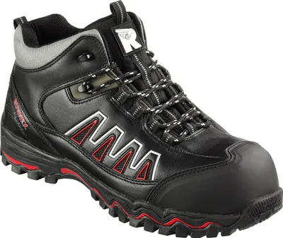A black and red work boot with white accents and laces, shown from a slight angle against a white background.