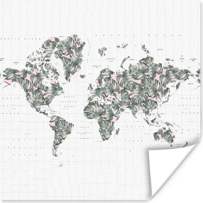 Produktbild von MuchoWow® Poster Weltkarte - Blätter - Rosa 50x50 cm - Wohnzimmerdekoration