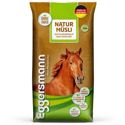 Produktbild von Eggersmann Natur Müsli, 20 kg, Vitamin A, Vitamin B1, Vitamin B2, Vitamin B6, Vitamin C, Vitamin D3, Vitamin E, Vitamin H (Biotin), Kupfer, Jod, Eisen, Manganese, Selen, Zink, Allergiebehandlung, Gerstenflocken 40,8 % Maisflocken 33,4 % Mais (expandiert) 3,9 % Luzerne getrocknet (Heu) 3,1 %..., 9,8%