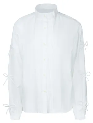 Produktbild von Damen Bluse mit Stehkragen und Bischofsärmeln aus 50% Baumwolle 50% Polyester in Weiß, Größe M