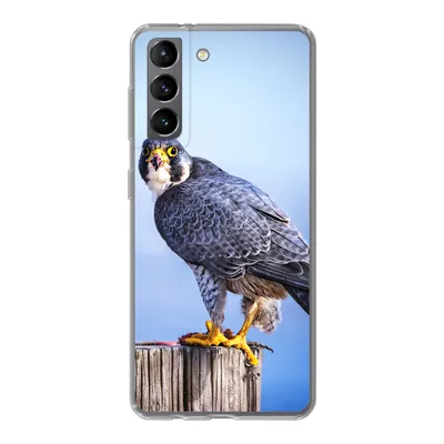 Produktbild von MuchoWow® Handyhülle Schutzhülle Hülle für Samsung Galaxy S21 Nahaufnahme eines Raubvogels auf einer dicken Holzstange Silikon Softcase Handy Hülle - Softcase