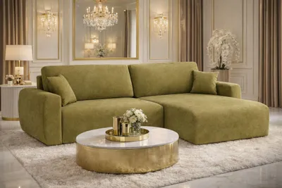 Image de Canapé d'angle avec fonction couchage et coffre de rangement, canapé Ariel en velours en L, tissu Salvador, olive, ? droite