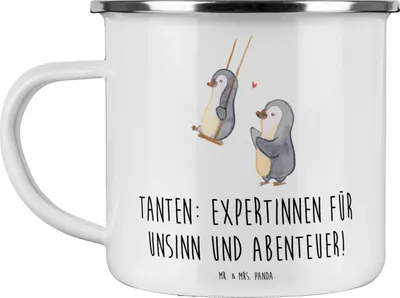 Produktbild von Mr. & Mrs. Panda Emaille Tasse Tante Abenteuer - Weiß - Geschenk, Neffe, Freude, Verwandte, Teetasse, becher, energisch, spielen, Nichte, Pott, Geburtstage, Familienbande
