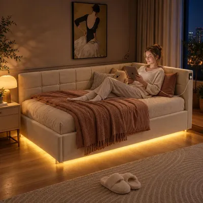 Obrázok produktu pre INONEFT čalúnená posteľ 90 x 200 cm, posteľ pre mládež s LED osvetlením a USB portmi, rozkladacia posteľ s úložným priestorom a hydraulickým systémom, rám postele s latkovým roštom, materiál: zamat, farba: béžová