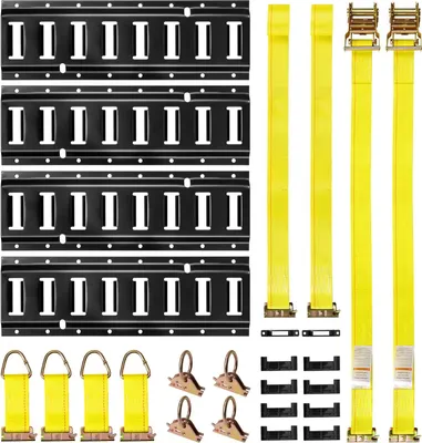 Produktbild von E-Track Zurrschienen-Set - 4er-Pack 40 cm - 21-teiliges Zubehör - 2 Ratschengurte - 4 O-Ringe - 4 Zurrgurte mit D-Ring - 8 Endkappen - Für Anhänger & Transporter