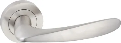 A silver door handle with a round rosette on a white background.