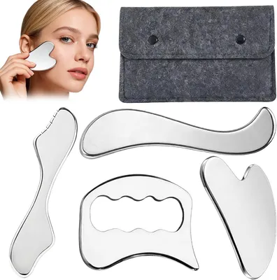 Image de Ensemble Gua Sha en acier inoxydable, comprenant 4 pièces : un outil de massage des fascias et trois grattoirs, pour le visage et le corps