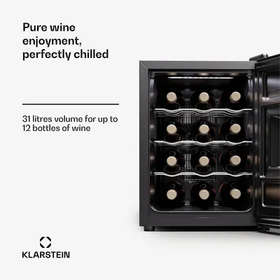 Obrázok produktu pre Klarstein voľne stojaca 1-zónová chladnička na víno, malá chladnička na nápoje, malá skrinka na víno, malá chladnička na víno so sklenenými dvierkami, vnútorná/vonkajšia chladnička na fľaše, chladnička na víno, 12 fliaš