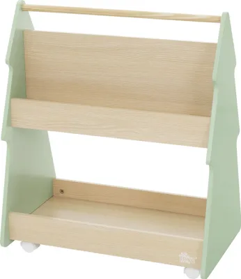 Obrázek produktu pro Joyz dětský regál jedle, 60x38x70,5 cm, zelená-příroda, oboustranný dětský regál ze dřeva se 3 policemi a 4 kolečky, úložný regál pro děti