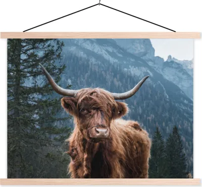 Produktbild von MuchoWow® Textilposter Schottische Hochlandrind - Wald - Berge 40x30 cm mit holzfarbenen Rahmen - Bilder