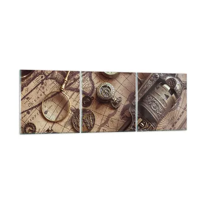 Produktbild von Bilder auf glas - 3 Teile - Kartographie Vintage Kompass - 150x50cm - Glasbilder - Wandbilder - Bilder - Wanddekoration aus Glas - Glas Bilder - Wandbild auf Glas - GCA150x50-4582