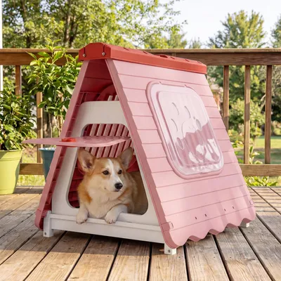 Immagine prodotto di COSTWAY Cuccia per cani da esterno, cuccia pieghevole in plastica, cuccia portatile con sportello chiudibile a chiave, finestre ventilate, 72x60x68 cm Rosa
