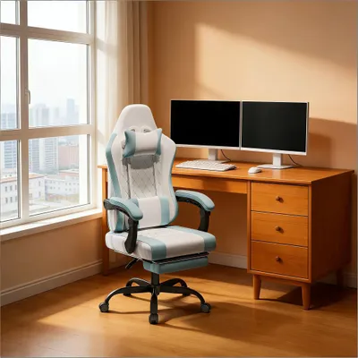 Zdjęcie produktu dla Ergonomiczne krzesło komputerowe, obrotowe krzesło biurowe, fotel gamingowy z funkcją masażu (tylko krzesło biurowe) - kolor niebieski, biały