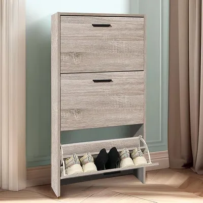 Imagen del producto de Armario para zapatos compacto, capacidad para 18 pares, con puertas y estructura de madera clara