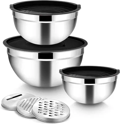 Set von 3 RVS Rührschüsseln mit Raspzubehör - Ideal zum Kochen und Backen