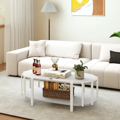 Obrázek produktu pro Konferenční stolek 119 x 60 x 40 cm, bílý oválný konferenční stolek, multifunkční, moderní design s úložným prostorem, dřevěný stolek do obývacího pokoje a předsíně