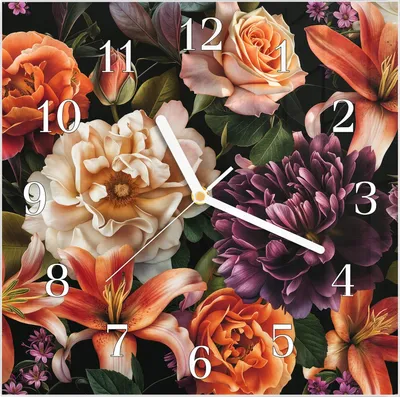 Produktbild von Wanduhr aus Glas mit Motiv Blumenpracht- 30 x 30 cm - inkl. Aufhängesystem