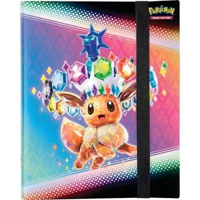 A Pokémon trading card binder featuring Eevee and various gems, with a black elastic strap.