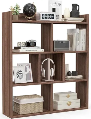 Produktbild von 7 Würfel Bücherregal ohne Rückwand, freistehendes Holzregal mit Kippschutz, modernes Regal für Schlafzimmer, Arbeitszimmer, Wohnzimmer, Nussbaum