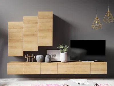 Produktbild von Wohnwand CALABRINI-20 Wohnzimmer-Set Hängewohnwand Schrankwand Schrank TV-Schrank Moderne Anbauwand (Goldene Eiche)