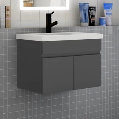 Produktbild von Badezimmer Badmöbel 60 cm Dickes Keramik Waschtisch mit Unterschrank Hängeschrank Badezimmerschränke Badschrank mit 2 Türen Anthrazit