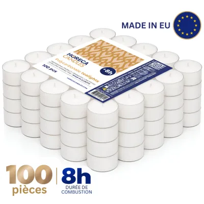 Image de Horeca Candles Lot de 100 Bougies Chauffe-plat 8h – Blanches, Sans Parfum, Transparentes