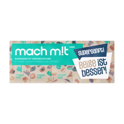 Produktbild von mach m!t PURE Taschentücher 4-lagig - extrem weich & frei von Bleichmitteln - 15x10 Pack - Germany - recycelbar - aus recyceltem Karton