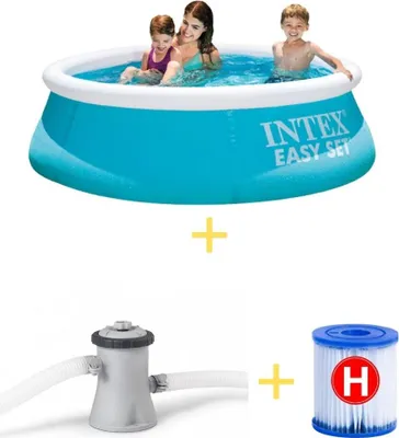 An Intex Easy Set Pool with a filter pump and filter cartridge, with people inside the pool.