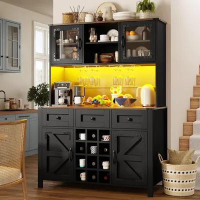 Immagine prodotto di Armadio alto da cucina con prese USB e prese di corrente, illuminazione LED, 4 ante, 3 cassetti, colore nero, dimensioni 120x40x170 cm
