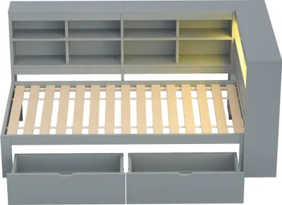 A gray daybed with shelves above and drawers below.