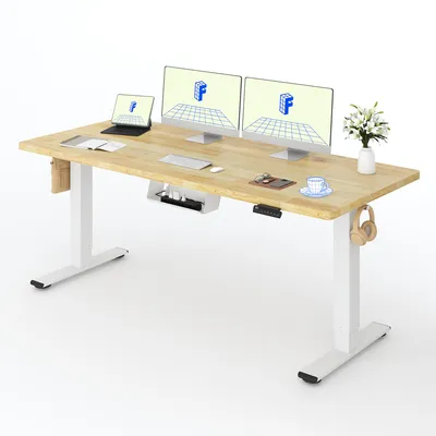 Productafbeelding van FLEXISPOT verstelbaar bureau, 180x80 cm, tafelblad van 25 mm rubberhout, 2 motoren, draagvermogen 120 kg, 4 geheugenstanden, wit