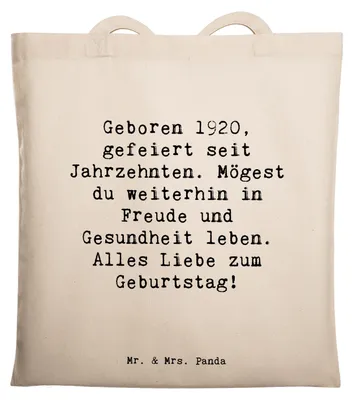 Produktbild von Mr. & Mrs. Panda Tote Bag Spruch 1920 Geburtstag - Weiß - Geschenk, liebevolles, Geburtstagsgeschenk, Tasche, Happy Birthday, Baumwolltasche, Jutebeutel, handgefertigtes