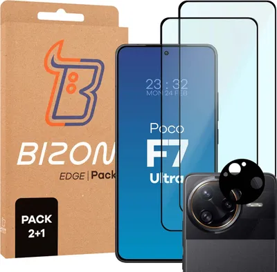 Produktbild von Bizon Edge 2 Pack 2x gehärtetes Glas + 1x Linsenschutz für Xiaomi Poco F7 Ultra