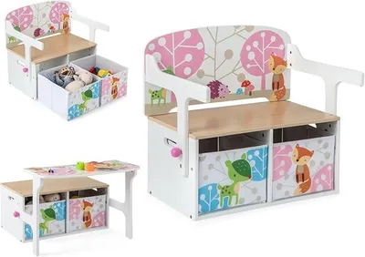 Produktbild von 3 in 1 Kindersitzgruppe aus Holz, Kinder Tisch Stuhl Set mit 2 Stoffboxen, Kinderbank mit Stauraum & Deckel, Aufbewahrungsbank Spielzeugkiste Truhenbank für Kinderzimmer(Weiß)
