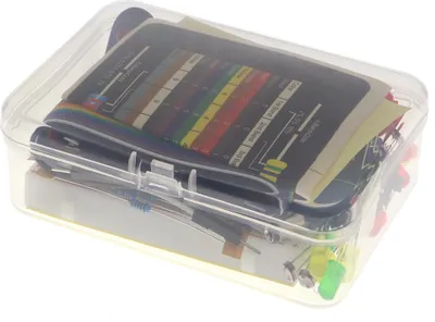 Produktbild von Mini-Kit - LEDs, Schalter, Widerstände, Batterieklemme, Dupont-Kabel, Breadboard