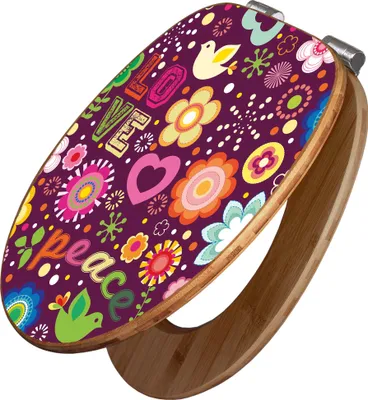 Produktbild von banjado Design WC Sitz Bambus Absenkautomatik -Love and Peace - Toilettendeckel mit Absenkautomatik Holz/hochwertiger Bambus Klodeckel/WC-Sitz für alle gängigen Toiletten [TDB2 10037]