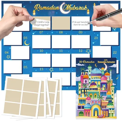 Image de Calendrier du Ramadan, type carte à gratter, à remplir soi-même, pour 30 jours, format 27x36 cm, avec 30 autocollants à gratter