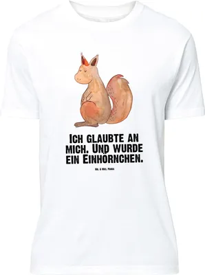 Produktbild von Mr. & Mrs. Panda Tshirt Einhorn Glauben - Weiß - Geschenk, Lustiges T-Shirt, Oversize, Shirt, Eichhorn, Einhörnchen, Unicorn, Einhörner, mit Spruch, Eichhörnchen