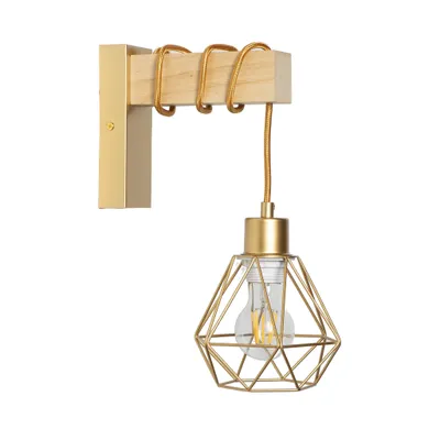 Productafbeelding van Alpinaluz MARKUS: Vintage industriële wandlamp van hout en metaal, E27 wandlamp met verstelbare kabel en geometrische draadschaal, goudkleurig
