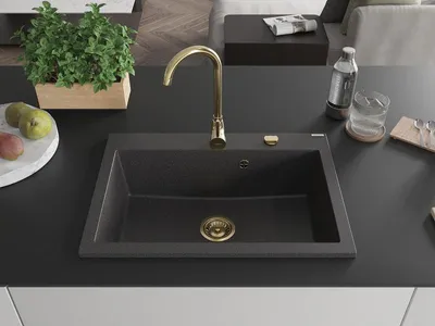 Produktbild von Mexen Elix Granitspüle 1-beckig 700 x 500 mm, schwarz gesprenkelt, goldener Siphon - 6526701005-76-G
