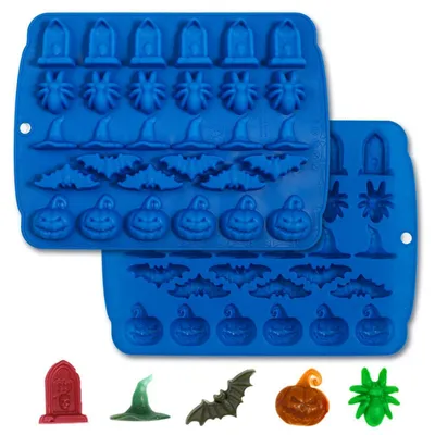 Immagine prodotto di Due stampi in silicone per dolci a tema Halloween, ideali per cioccolato, caramelle, gelatina, con motivi di teschio, zucca, fantasma, pipistrello, cappello da strega e lapide