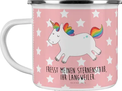 Produktbild von Mr. & Mrs. Panda Teetasse Einhorn Happy - Rot Pastell - Geschenk, Haferl, Emaille Tasse, Teebecher, Unicorn, Campingbecher, Pott, Einhörner, Lachen, Lebensfreude