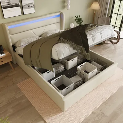 A bed with storage underneath, in a bedroom setting.