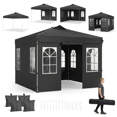 Produktbild von KOMFOTTEU Pop Up Pavillon 3 x 3 m, höhenverstellbarer Gartenpavillon mit 4 Seitenwänden (Schwarz)