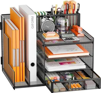 Produktbild von Famanu Büro-Organizer mit Aktenhalter, 4-stufiger Papierorganizer mit Schublade und Stifthalter