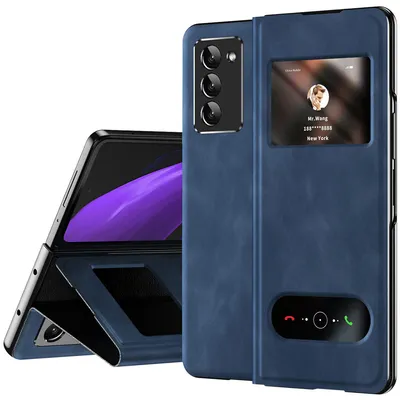 Immagine prodotto di Custodia sottile in pelle flip per Samsung Galaxy Z Fold 2 5G, con finestra di visualizzazione e funzione stand Blu scuro