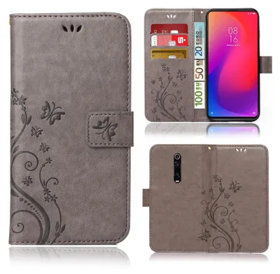 Produktbild von Handy Tasche für Xiaomi Mi 9T / Mi 9T Pro Schutz Hülle Handyhülle mit Blumenmuster Klapp Hülle mit Standfunktion und Kartenfächer Farbe: Grau