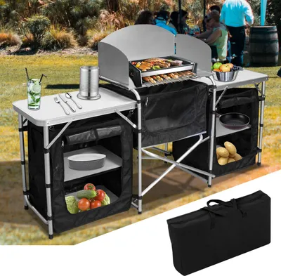 Obrázok produktu pre Kempingová kuchyňa Hliníkový kempingový stôl, skladacia kempingová skrinka vrátane tašky na prenášanie, na pikniky, kempovanie, do prírody - Veľká veľkosť：164,5x52x104 cm