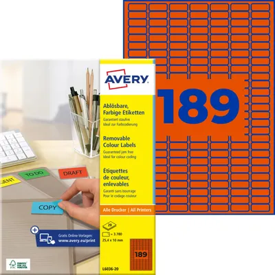 Produktbild von Avery Zweckform L6036-20, Farbige Etiketten, ablösbar, A4, 25,4 x 10 mm, 3.780 Etiketten / 20 Bögen, rot